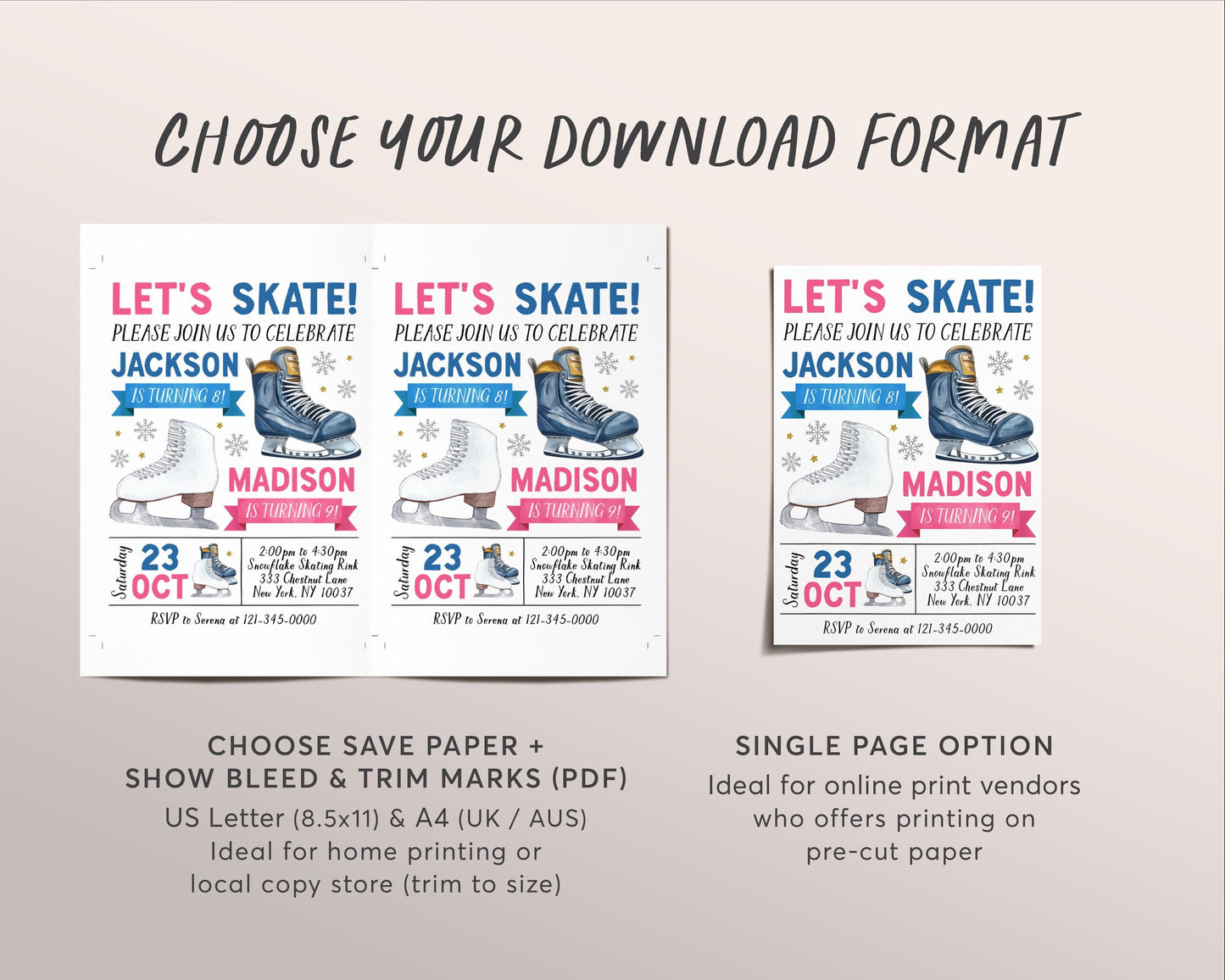 Ice Skating Joint Siblings Birthday Invitation Editable Template, Boy Girl Twins Ice Hockey Skating Party Invite, Sports Skate Rink Evite
