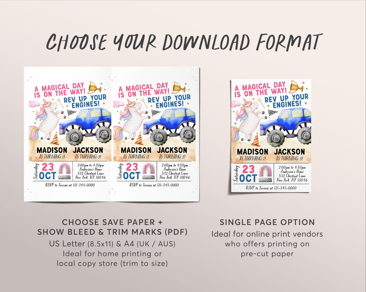 Unicorn And Monster Truck Joint Siblings Birthday Invitation Editable Template, Boy Girl Twins Rev Your Engines Magical Day Party Invite