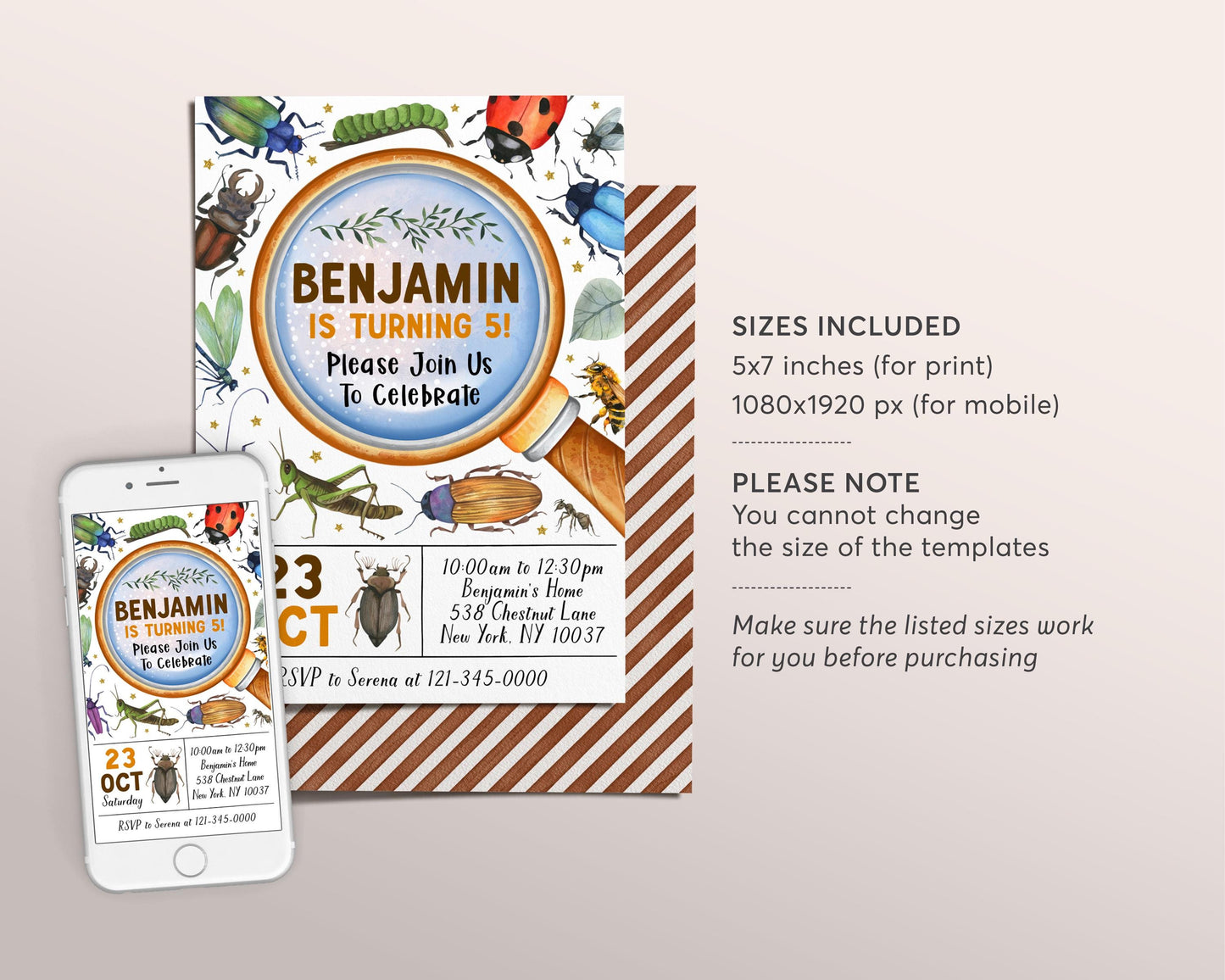 Insect Bugs Birthday Invitation Editable Template, Nature Bug Party Invite, Kids Bugging Out Beetle Hunt Garden Party Creepy Crawly Evite