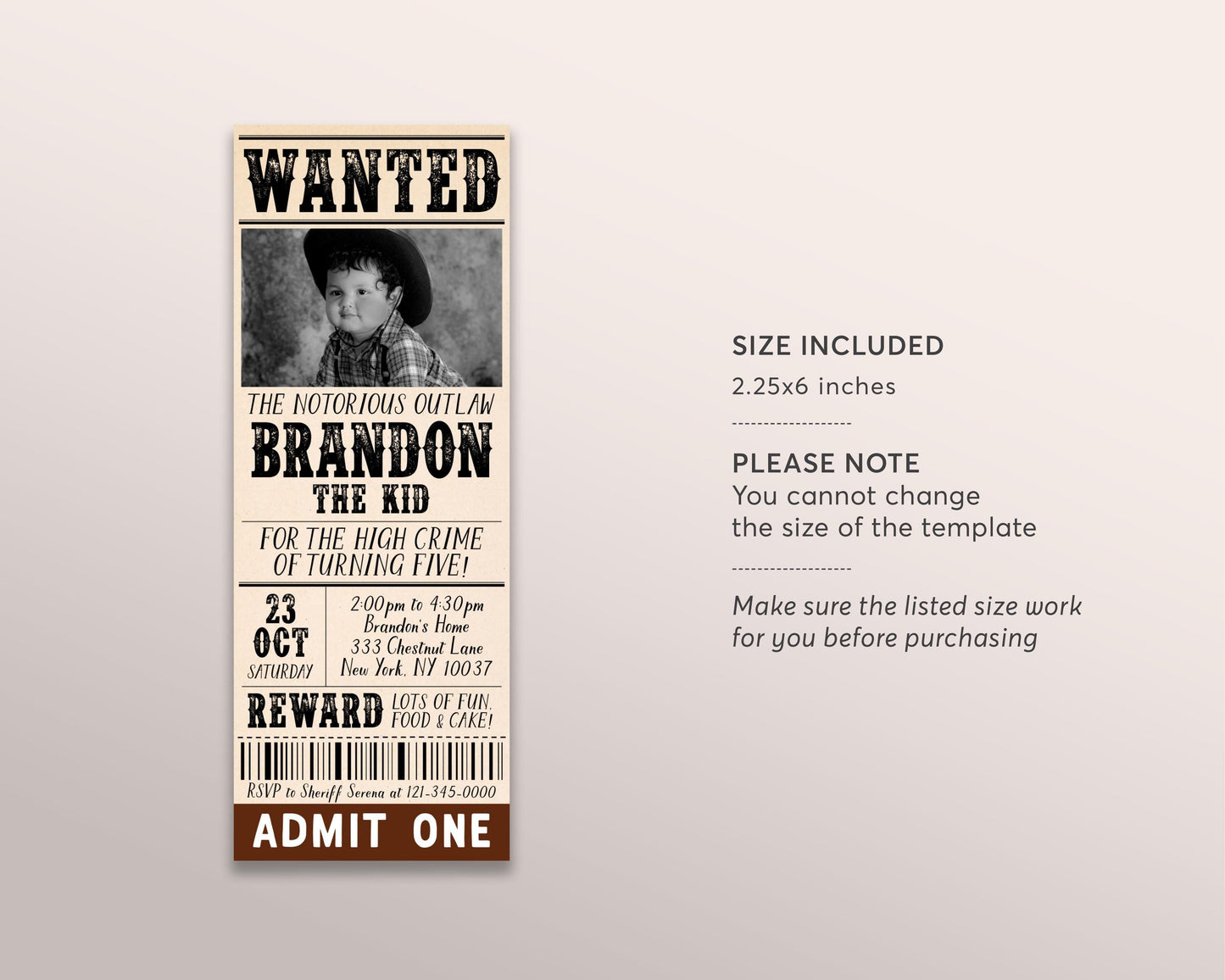 Wanted Birthday Ticket Invitation Editable Template, Cowboy Wild West Western Birthday Party Invite, Notorious Outlaw Southwestern Evite
