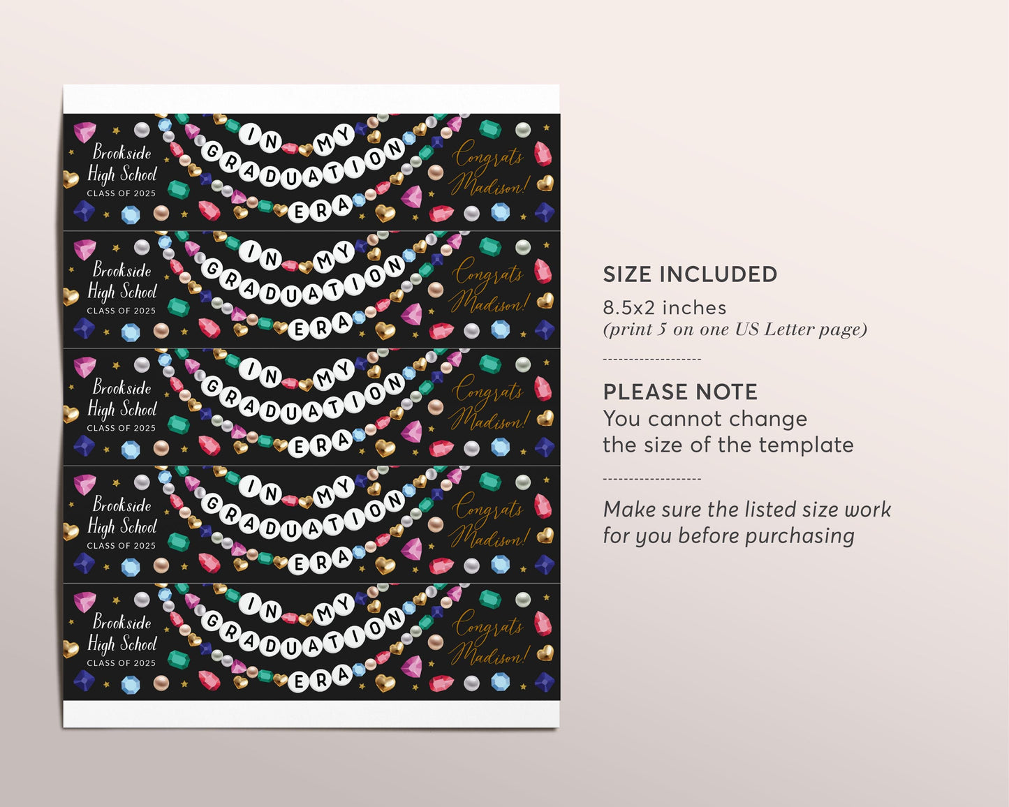 Graduation Era Water Bottle Labels Editable Template, Graduate Friendship Bracelet Party Wrapper Drink Tag Eras Graduating Class School Wrap