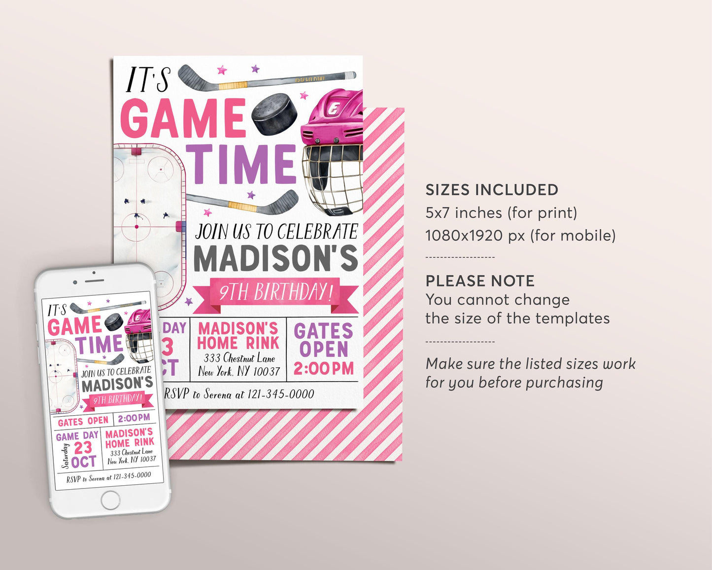 Ice Hockey Birthday Invitation Editable Template, Pink Ice Skating Rink Hockey Theme Invite, Girl Sports It's Game Time Puck Stick Evite