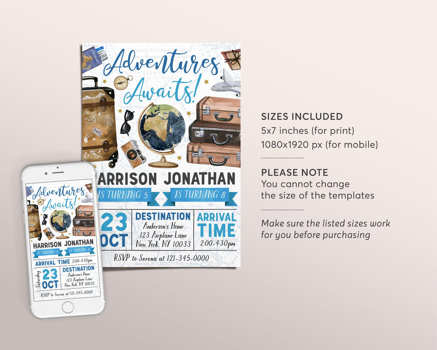 Adventure Awaits Travel Joint Siblings Birthday Invitation Editable Template,