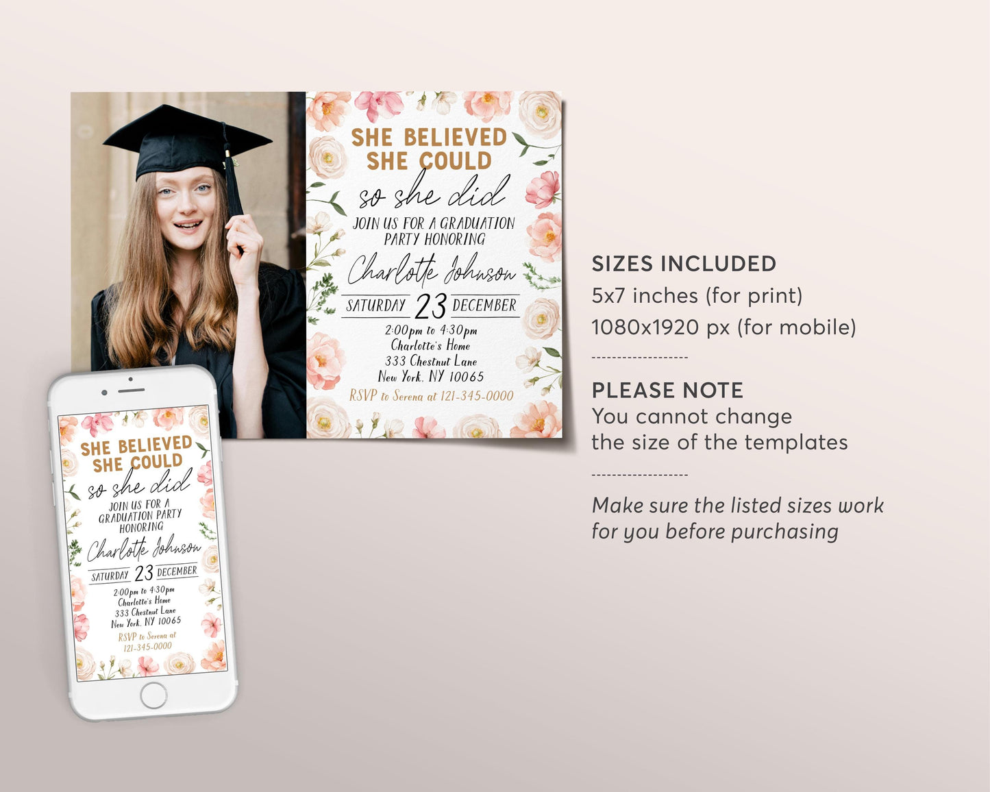 Graduation Floral Invitation With Photo Editable Template, Floral Grad Announcement Party Invite, She Believed She Could So She Did Evite