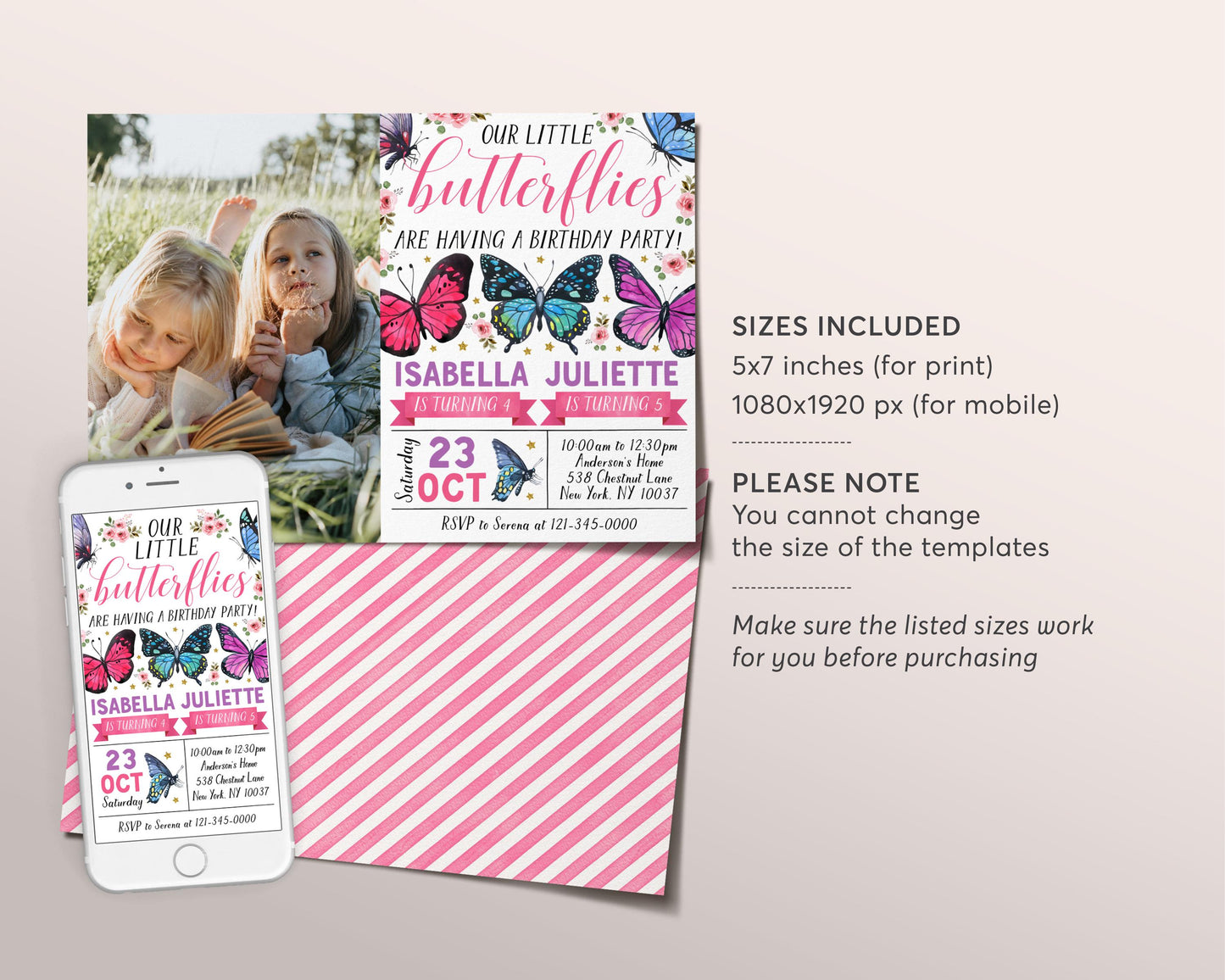 Butterfly Joint Siblings Birthday Invitation With Photo Editable Template, Twins Girl Floral Little Butterflies Party Invite, Garden Evite