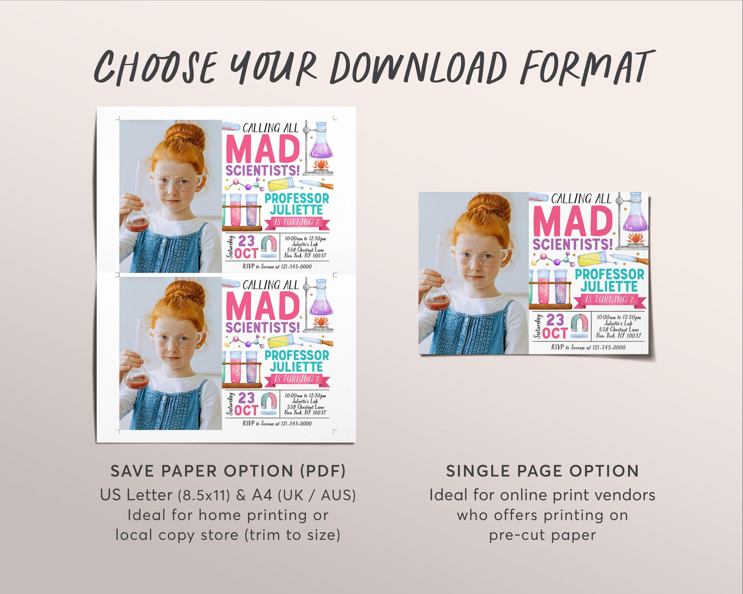Science Birthday Invitation With Photo Editable Template, Girl Mad Scientists Party Invite, Professor Experiment Science Lab Party Evite