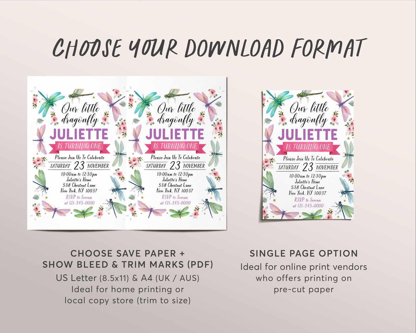Dragonfly Birthday Invitation Editable Template, Girl Little Dragonfly Floral Party Invite, Summer Garden Party Bugs Insects Nature Evite