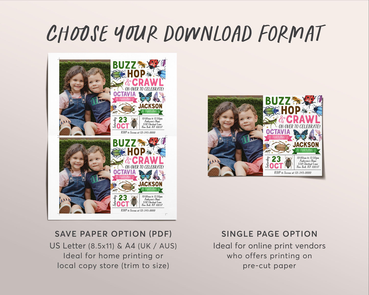 Insect Bugs Joint Siblings Birthday Invitation With Photo Editable Template, Twins Girl Boy Buzz Hop Crawl Party Invite, Kids Bug Hunt Evite