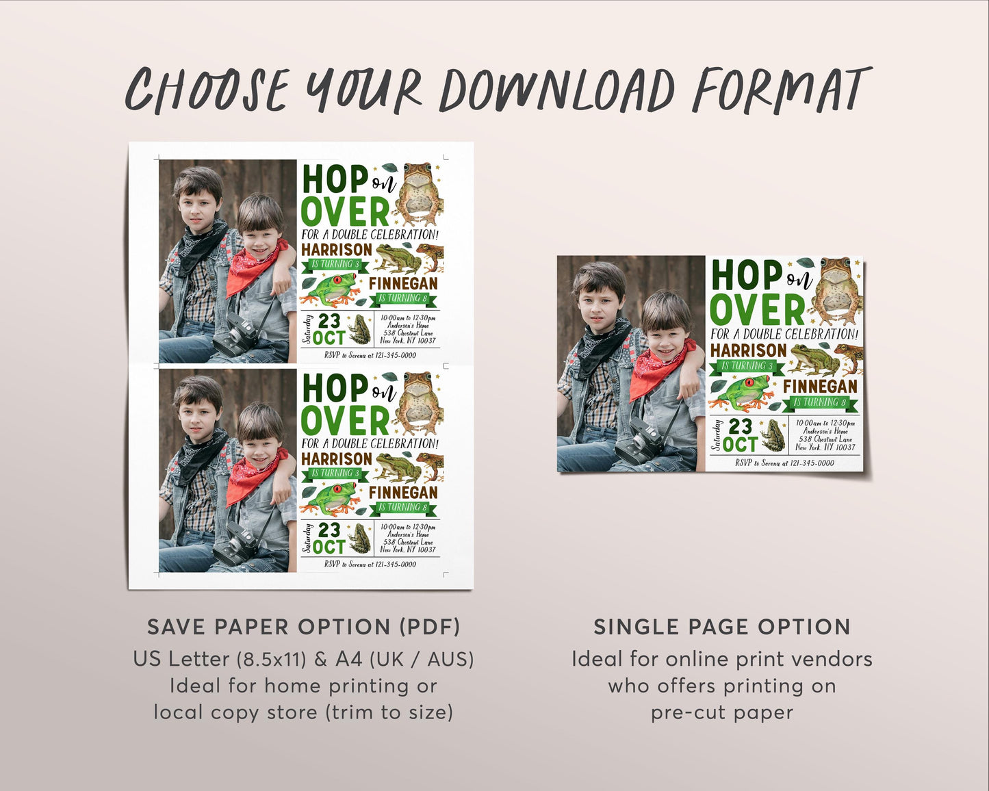 Frog Joint Siblings Birthday Invitation With Photo Editable Template, Brothers Twins Hop On Over Frogs Party Invite, Kids Pond Nature Evite