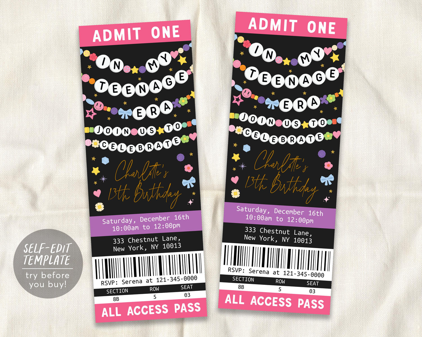 In My Teenage Era Ticket Invitation Editable Template