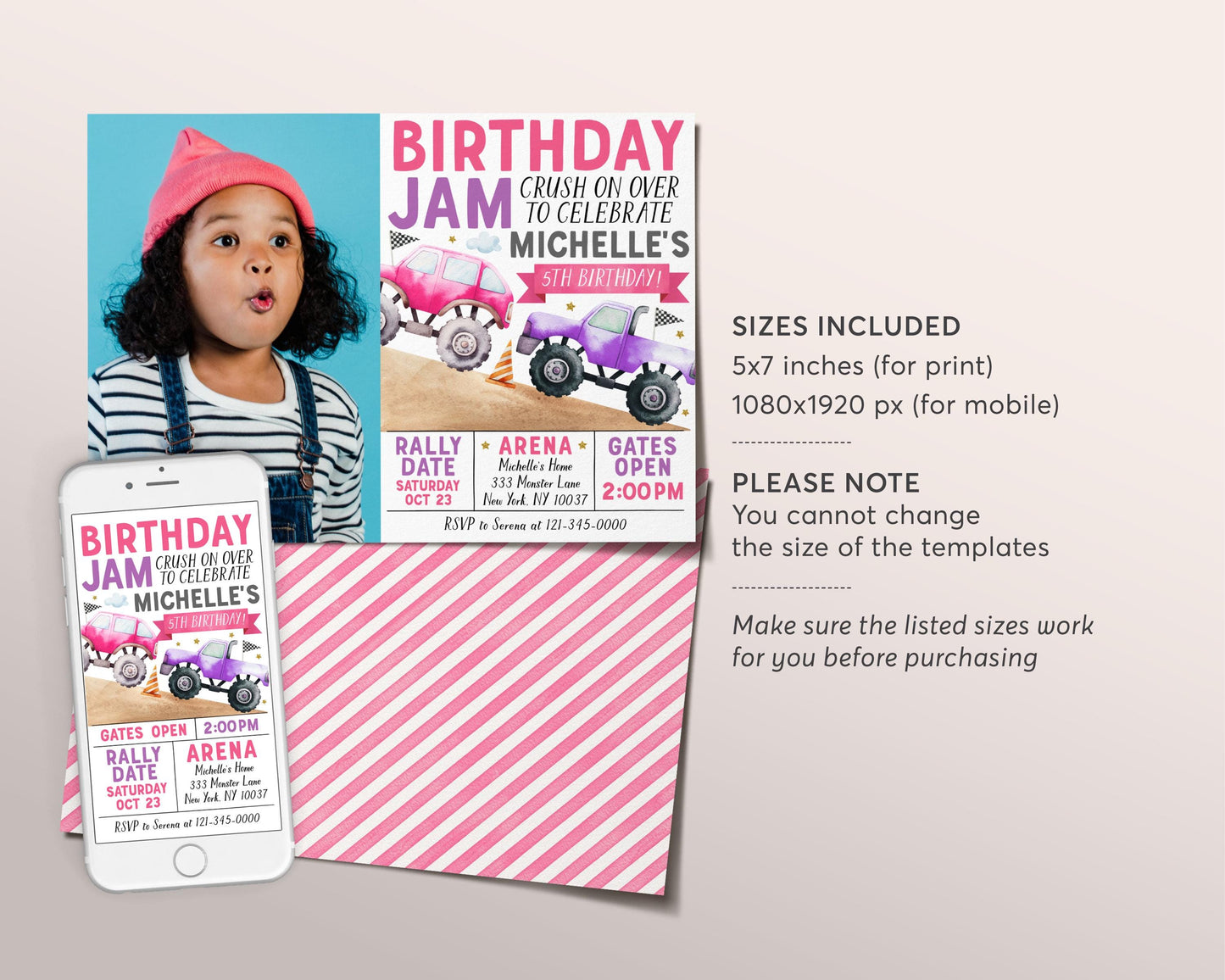 Birthday Monster Jam Birthday Invitation With Photo Editable Template, Girl Monster Truck Party Invite, Monster Truck Crush On Over Evite
