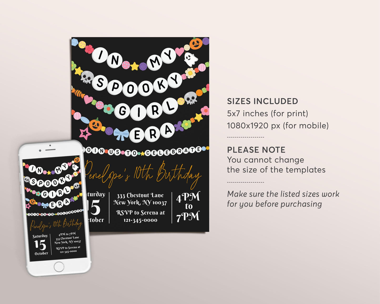 In My Spooky Girl Era Birthday Invitation Editable Template, Halloween Ghost Friendship Bracelet Party Invite, Birthday Era Black Gold Evite