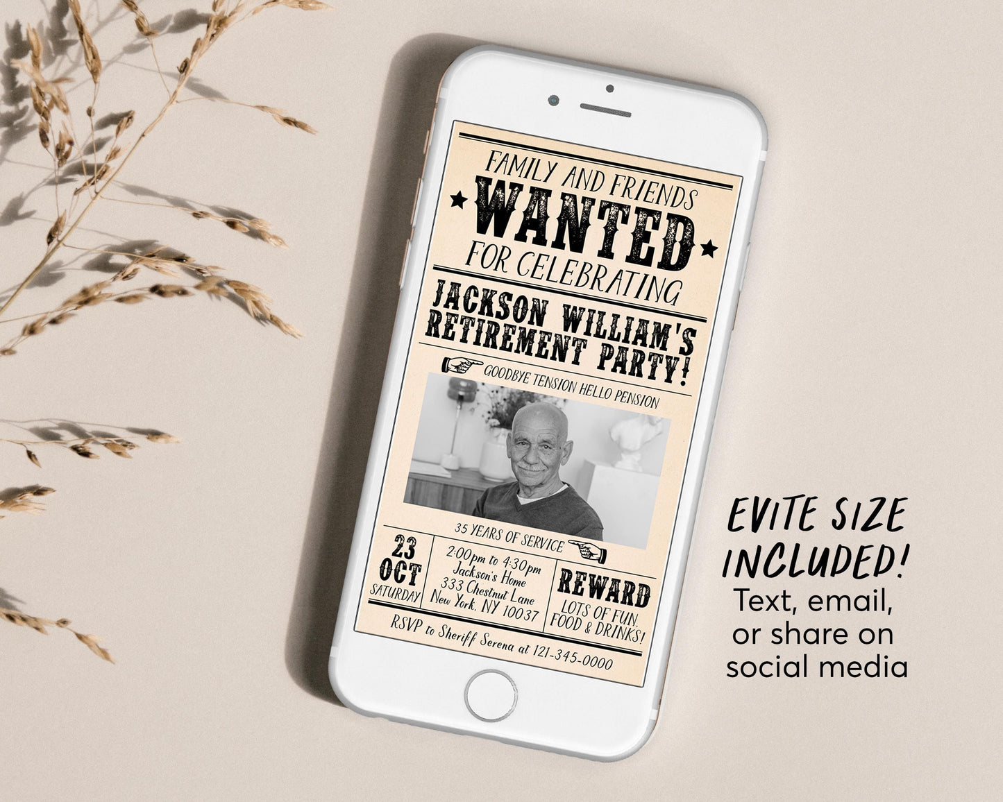 Retirement Wanted Poster Invitation Editable Template, Retire Western Surprise Party Any Job Newspaper Invite, Career Farewell Card Evite