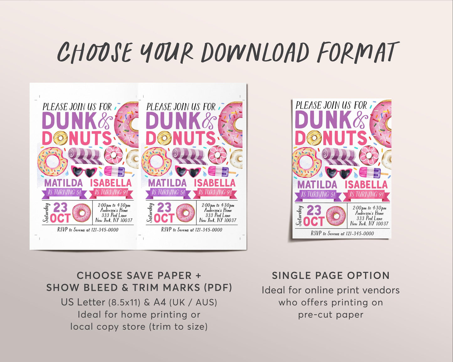 Donut Pool Party Joint Siblings Birthday Invitation Editable Template, Girls Sisters Twins Dunk and Donuts Invite, Summer Swimming Evite