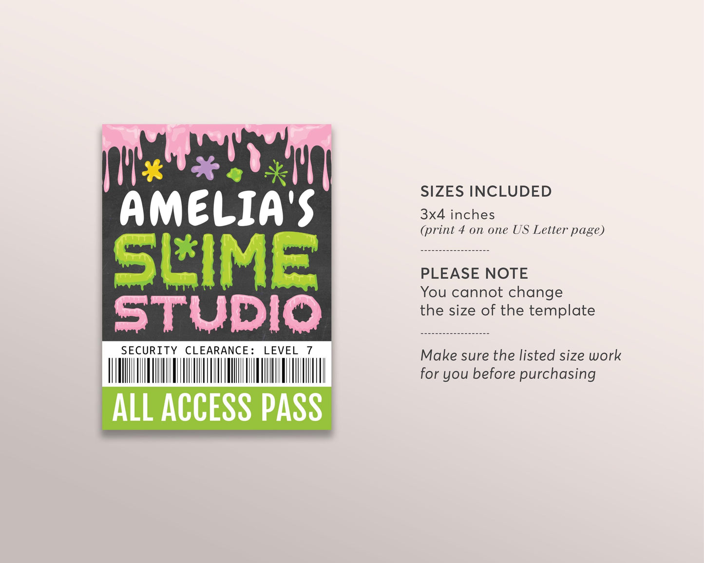 Slime Studio VIP Pass Editable Template, Girl Slime Entry Workshop All Access Pass, Slime Birthday Party Name Insert, ID Badge VIP Lanyard