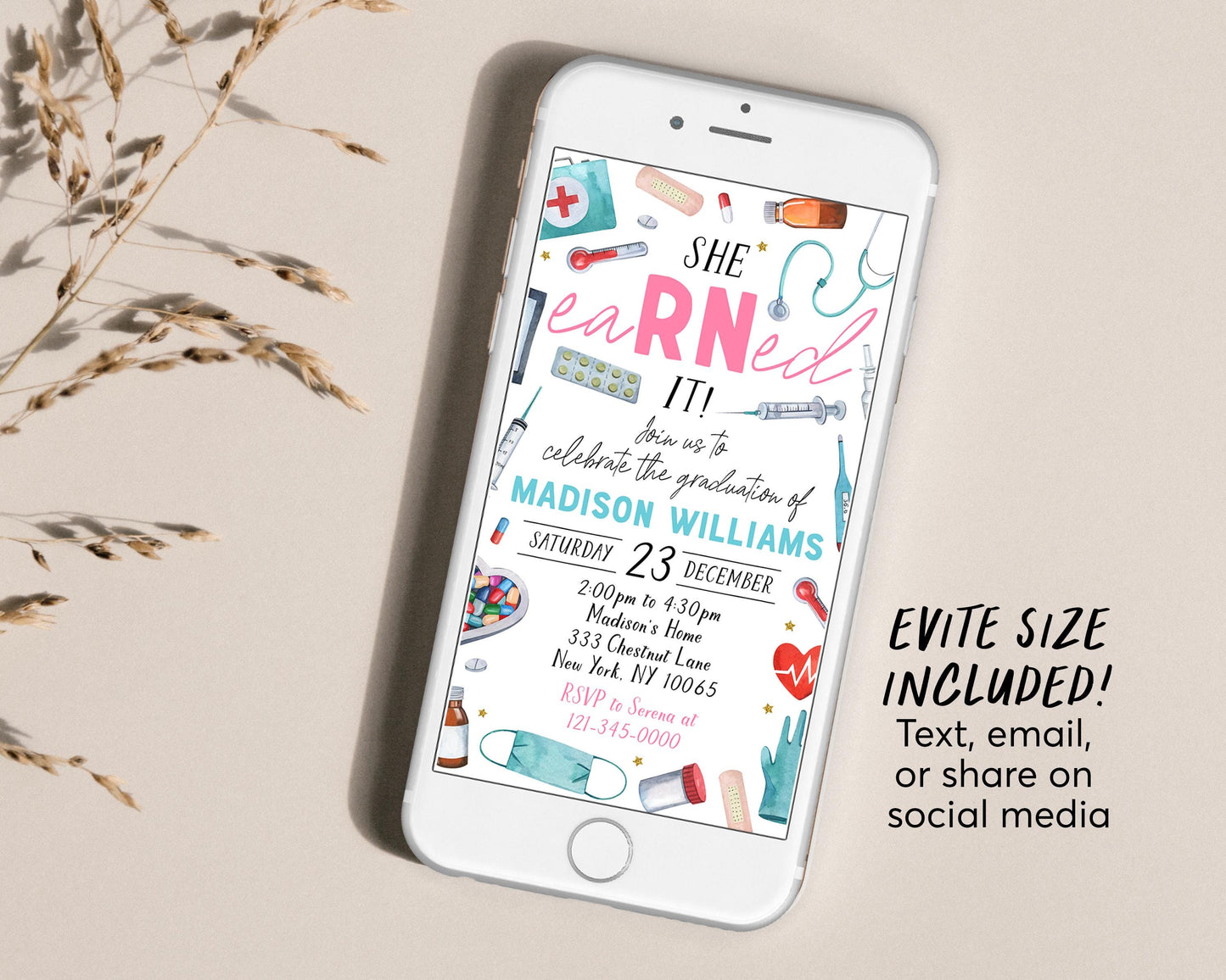 Nurse Graduation Invitation With Photo Editable Template, She eaRNed It RN Grad Announcement Party Invite Registered Nurse Pinning Ceremony