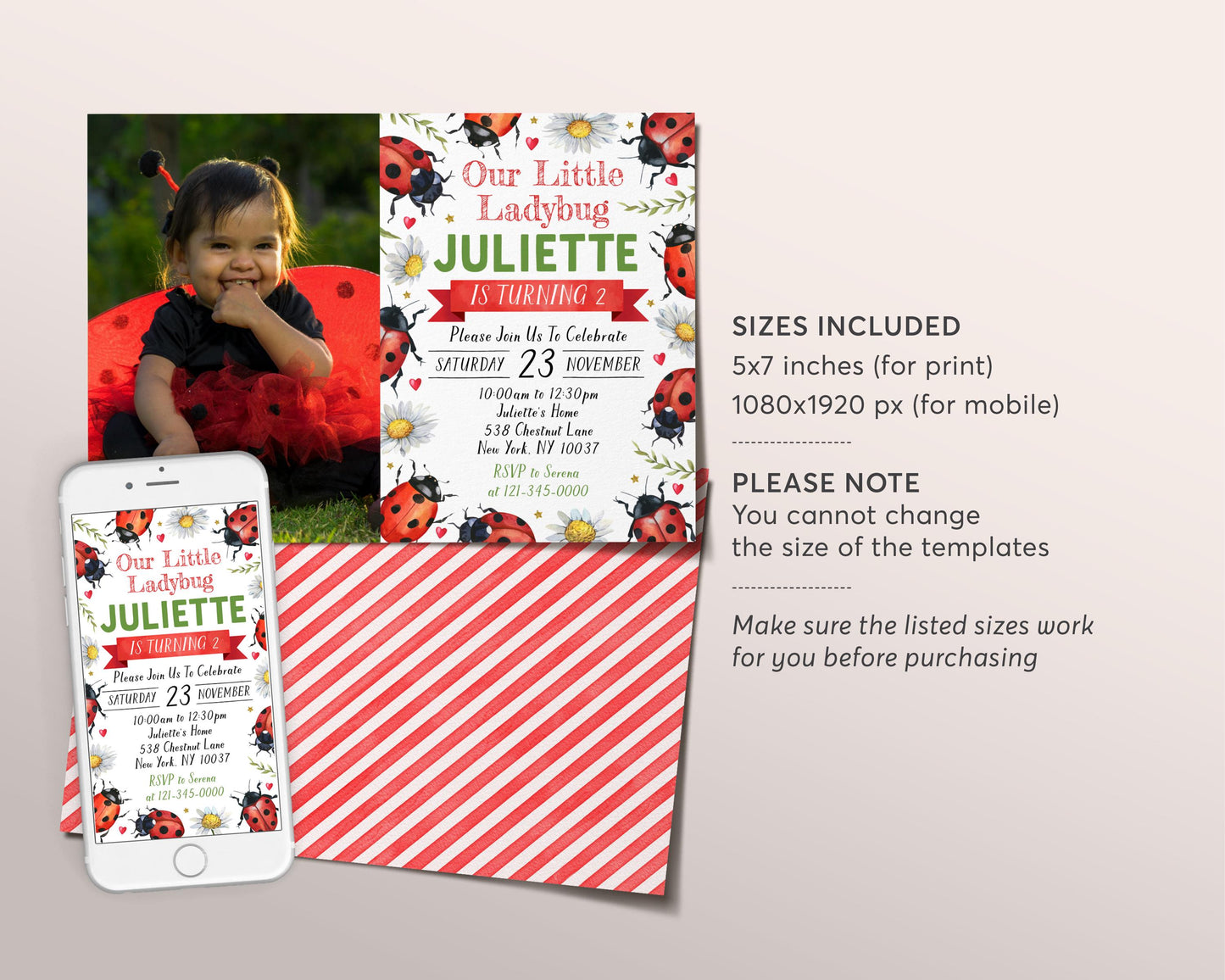 Ladybug Birthday Invitation With Photo Editable Template, Girl Our Little Lady Party Invite, Kids Love Bug Hunt Garden Nature Ladybird Evite