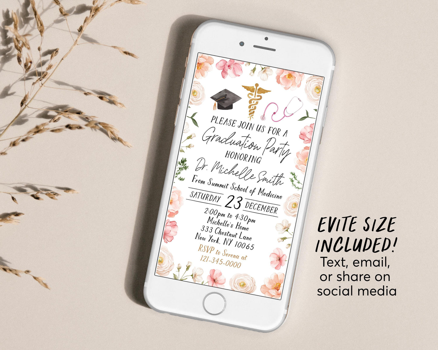 Doctor Graduation Invitation With Photo Editable Template, Floral Medical School Grad Announcement Party Invite for Her, Physician MD DR