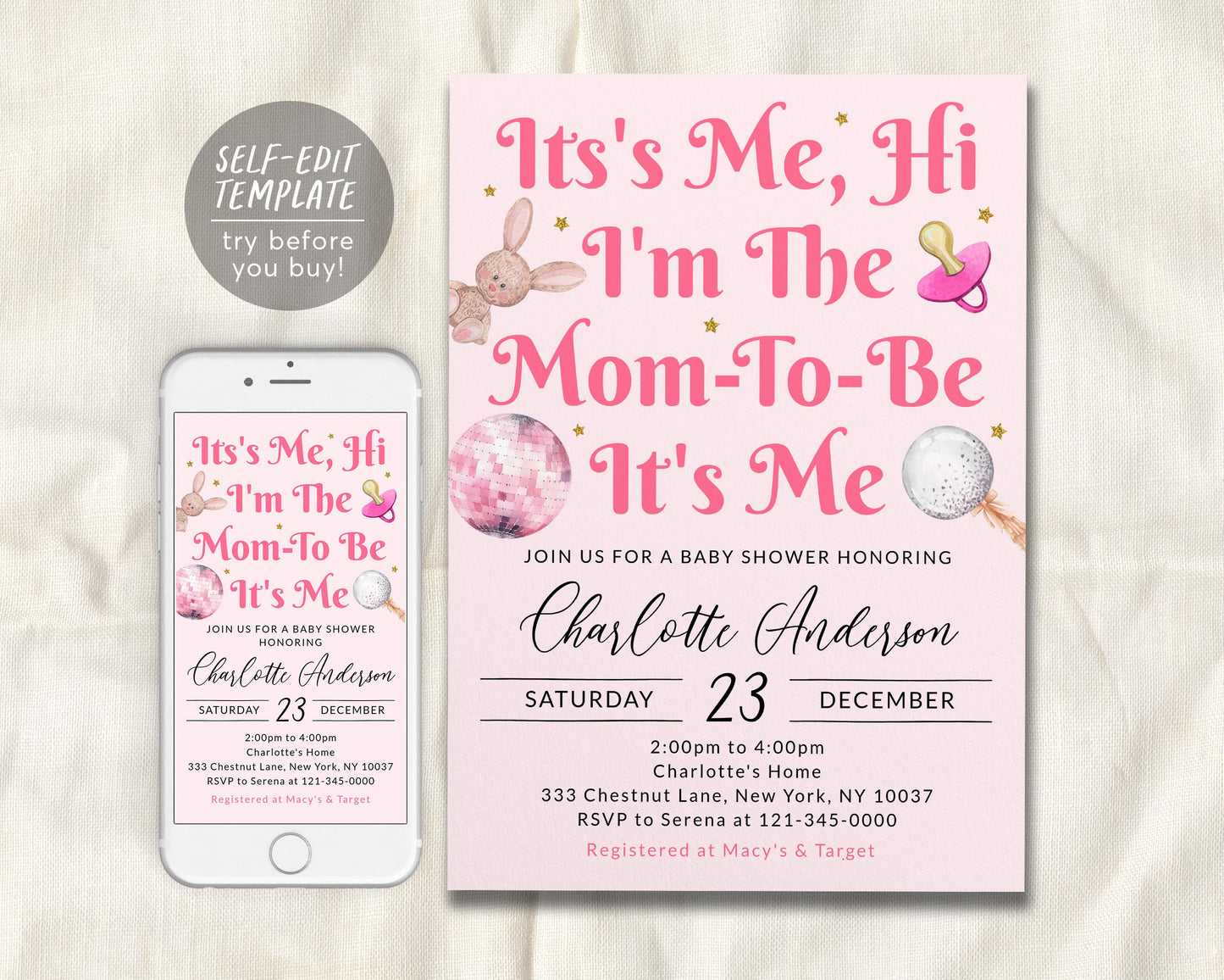 It's Me Hi I'm The Mom To Be Its Me Invitation Editable Template