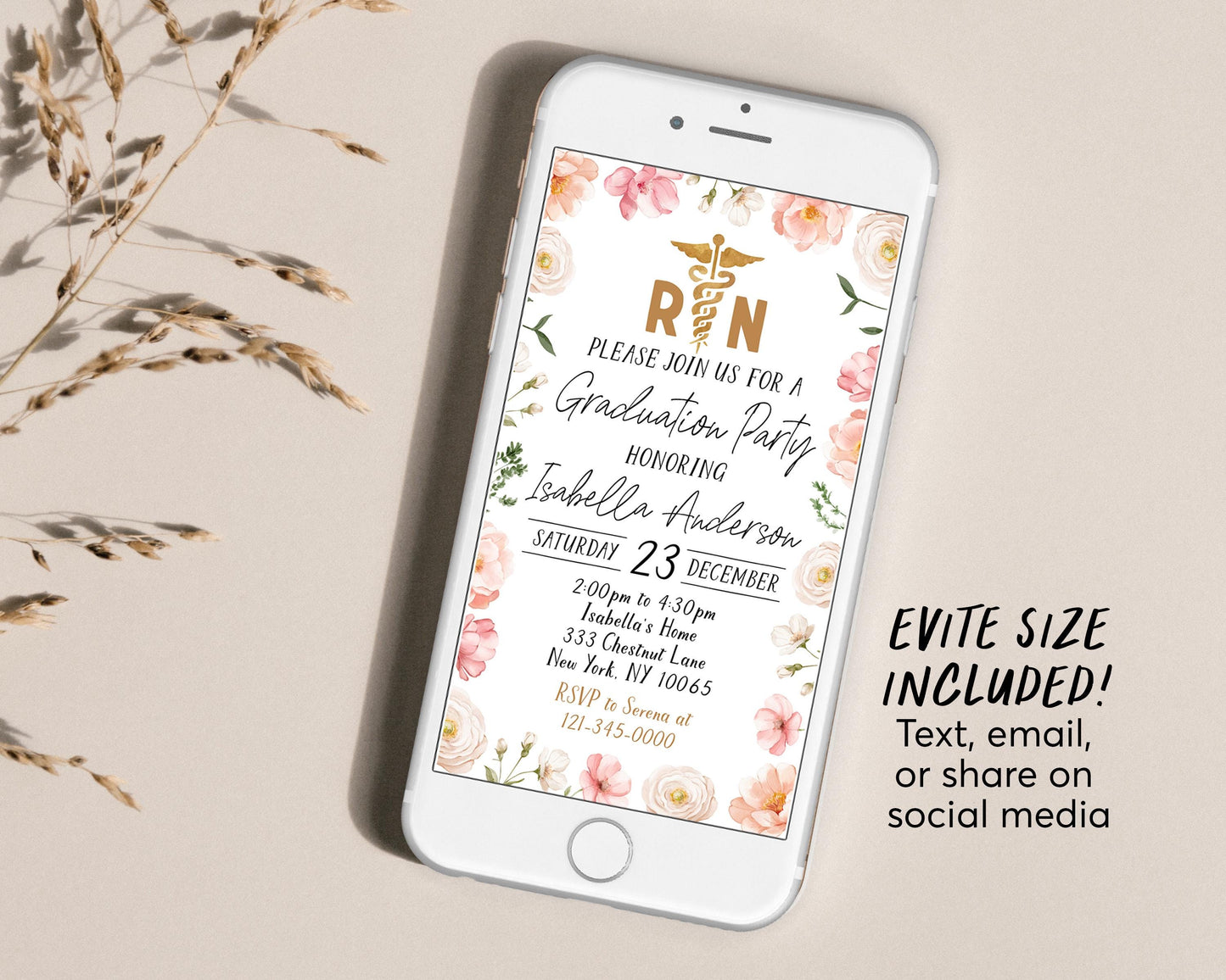 Nursing School Graduation Invitation With Photo Editable Template, Floral Nurse RN Grad Announcement Party Invite, Registered Nurse Pinning