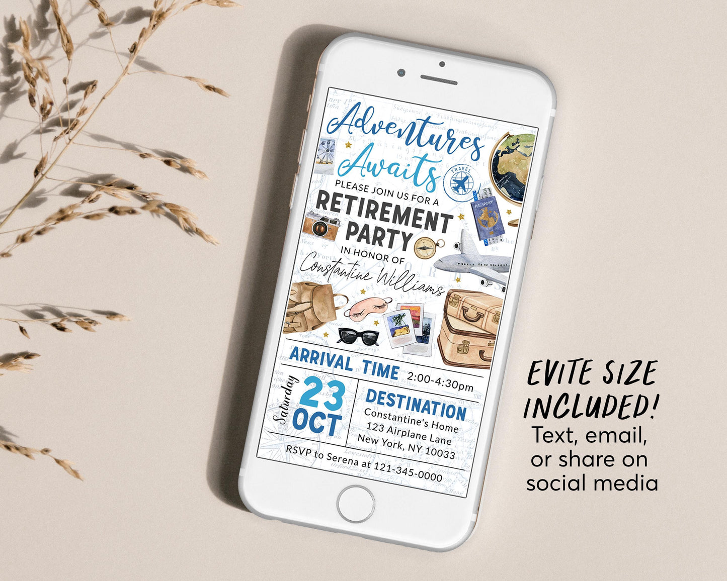 Travel Retirement Invitation With Photo Editable Template, Adventure Awaits Retirement Farewell Party Invite Around The World Airplane Evite