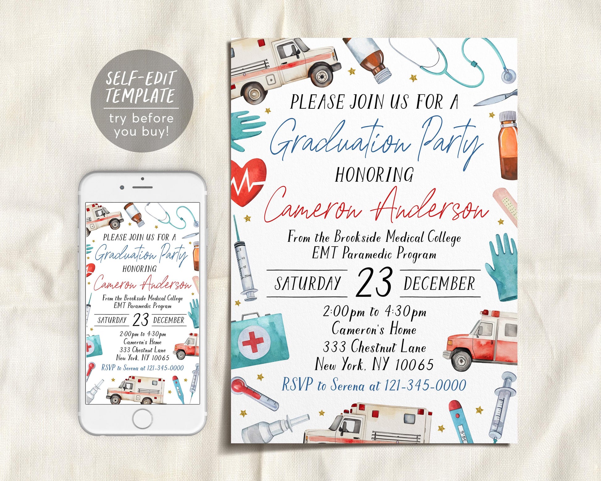 Paramedic EMT Graduation Invitation Editable Template