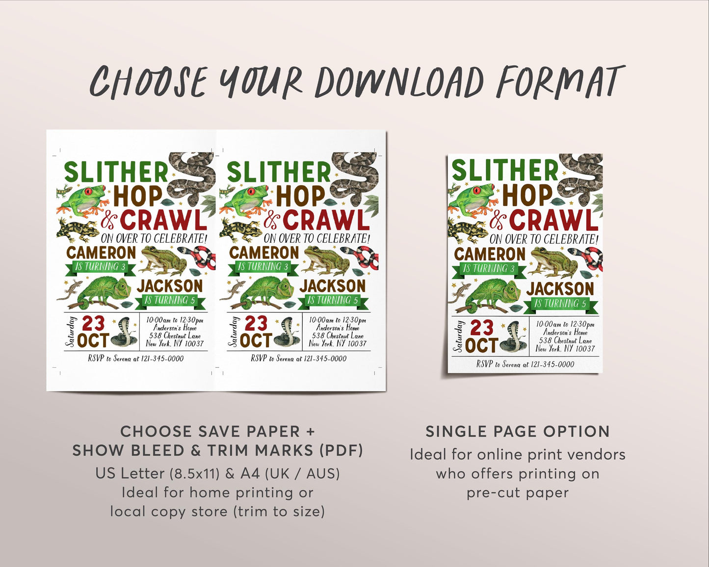 Reptile Joint Siblings Birthday Invitation Editable Template, Brothers Twins Slither Hop Crawl Party Invite, Kids Creepy Crawly Nature Evite