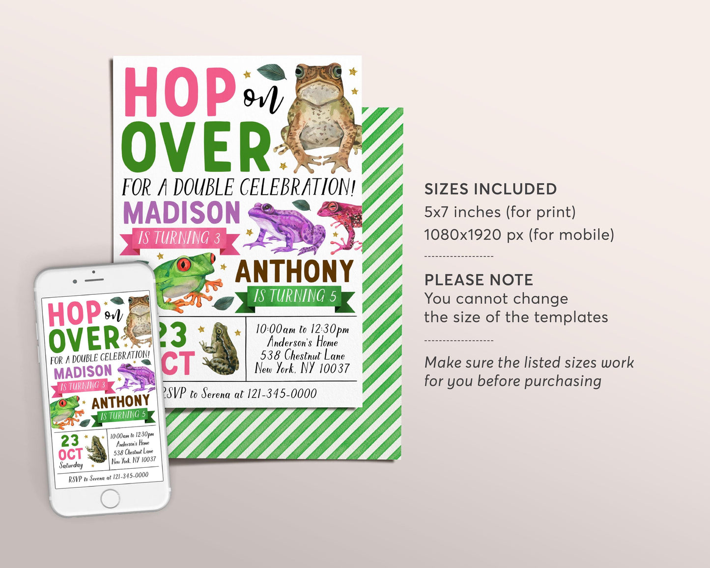 Frog Joint Siblings Birthday Invitation Editable Template, Girl Boy Twins Hop On Over Frogs Theme Party Invite, Kids Swamp Pond Nature Evite