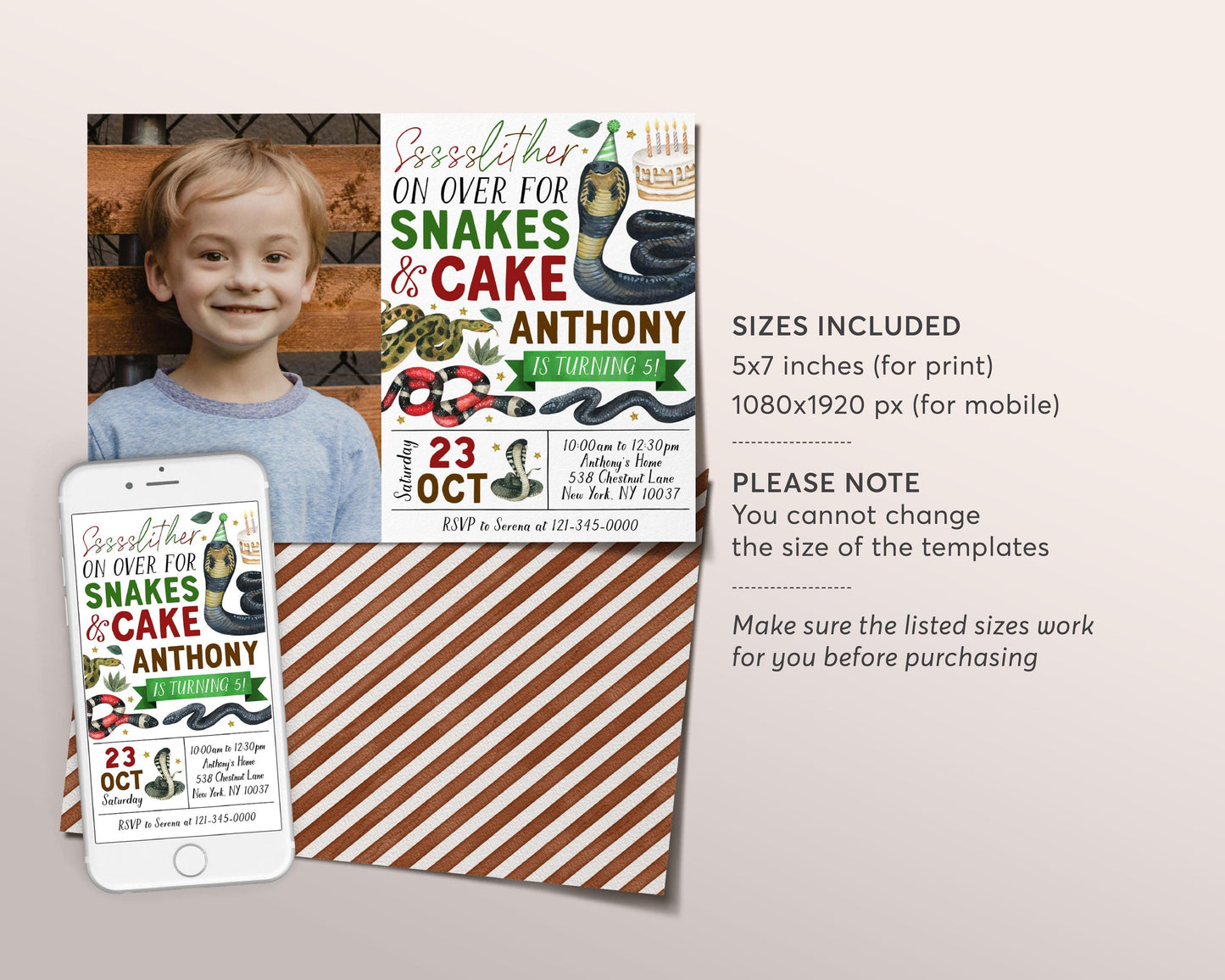 Snake Birthday Invitation With Photo Editable Template, Boy Snake And Cake Nature Theme Party Invite, Kids Slither On Over Reptile Evite