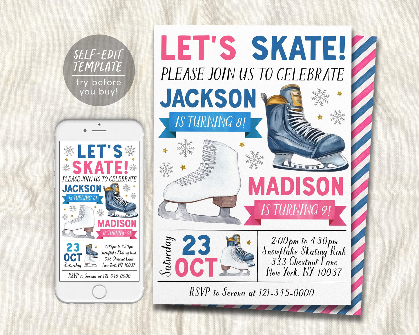 Ice Skating Joint Siblings Birthday Invitation Editable Template