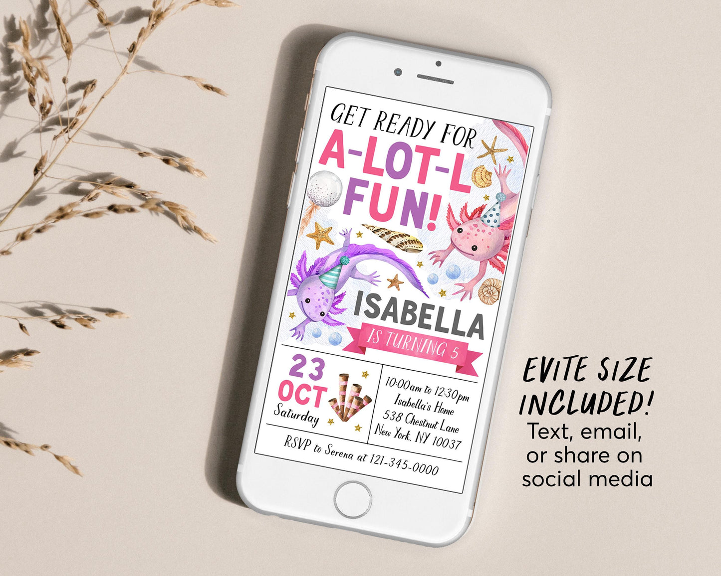 Axolotl Birthday Invitation Editable Template, Girl Axolotl Theme Alotl Fun Party Invite, Under The Sea Lake Evite Seashells Printable