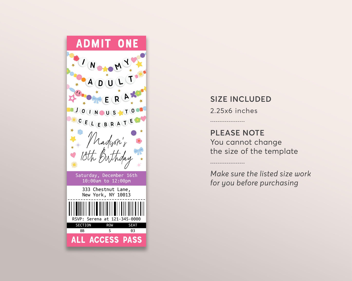 In My Adult Era Ticket Invitation Editable Template, Friendship Bracelet Birthday Era Party Invite, Eighteen 18th Birthday Eras Music Evite