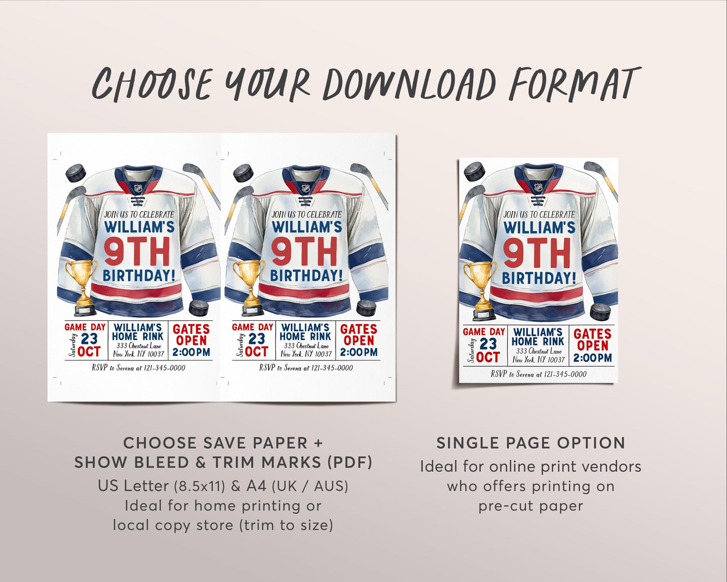 Hockey Birthday Invitation Editable Template, Boy Ice Skating Rink Ice Hockey Jersey Theme Invite, Sports Game Time Puck Stick Trophy Evite