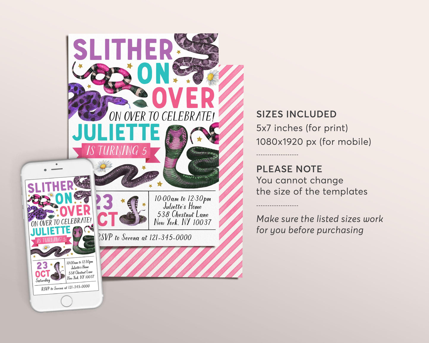 Snake Birthday Invitation Editable Template, Girl Slither On Over Reptile Show Nature Theme Party Invite, Kids Snakes And Cake Outdoor Evite