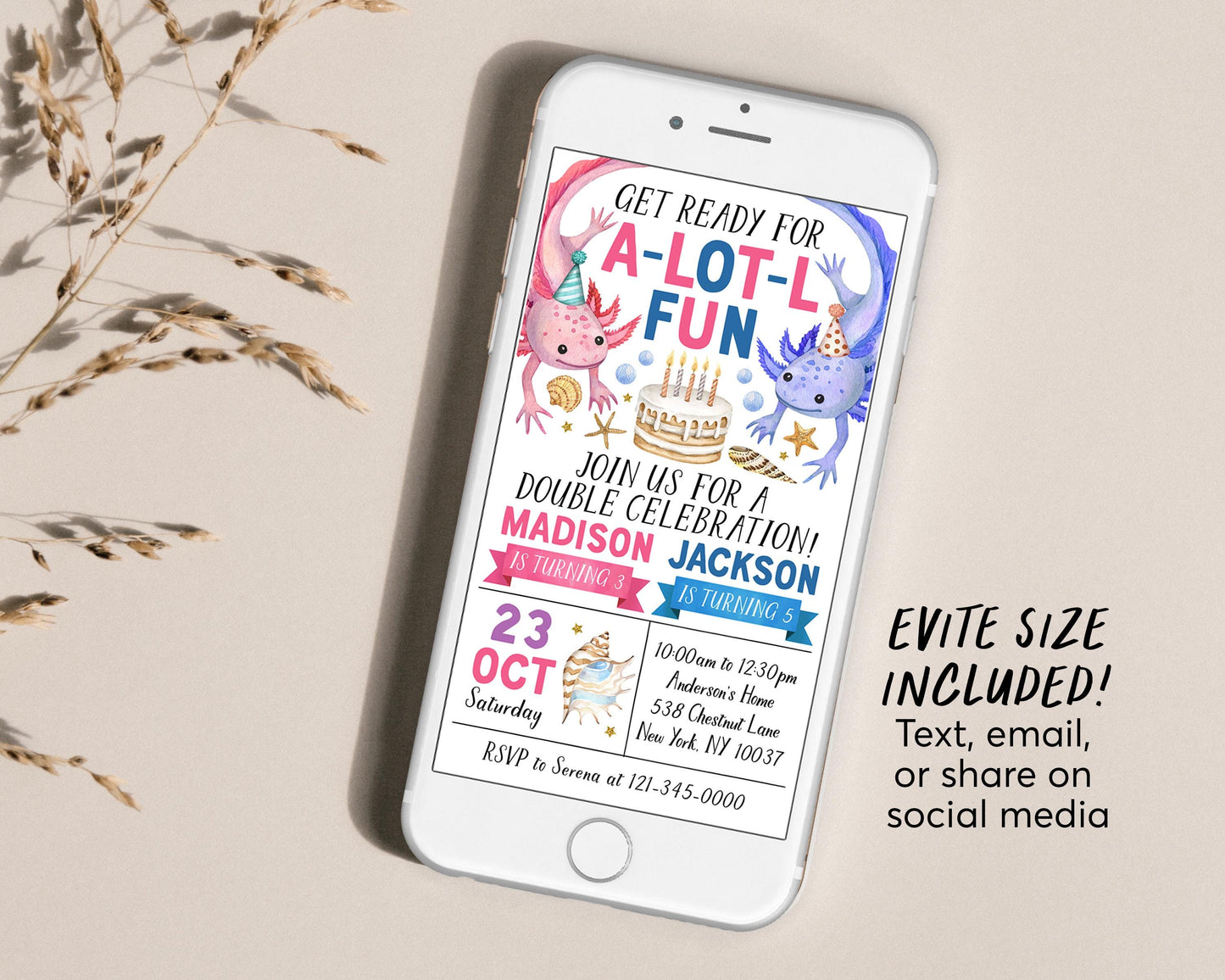 Axolotl Joint Siblings Birthday Invitation Editable Template, Boy Girl Twins Axolotl Theme Alotl Fun Party Invite, Under The Sea Lake Evite