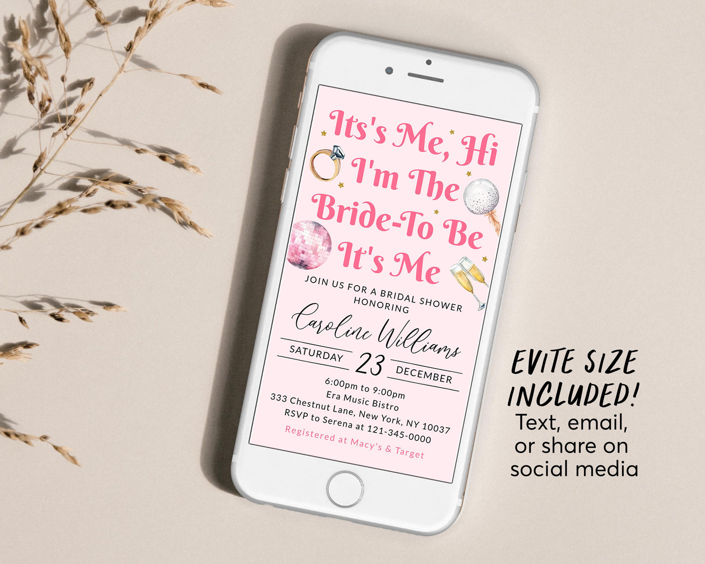 It's Me Hi I'm The Bride To Be Its Me Invitation Editable Template, Eras Bridal Shower Invite, In Her Bride Era Bachelorette Party Evite