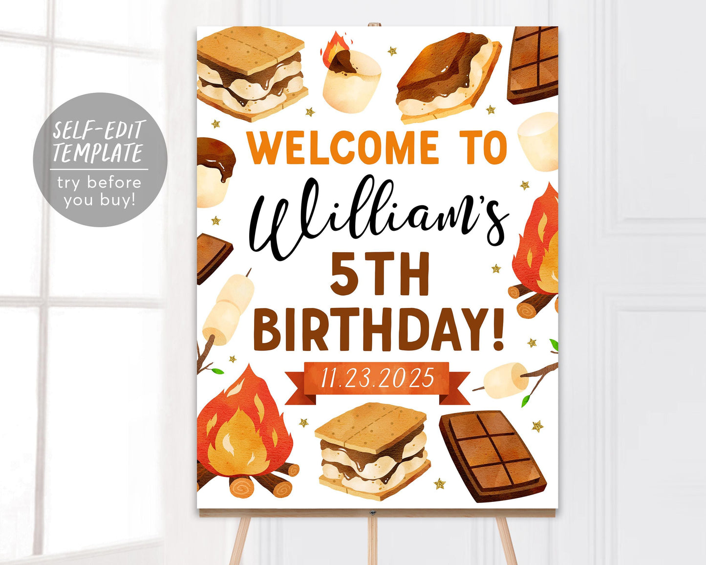 S'mores Birthday Welcome Sign Editable Template