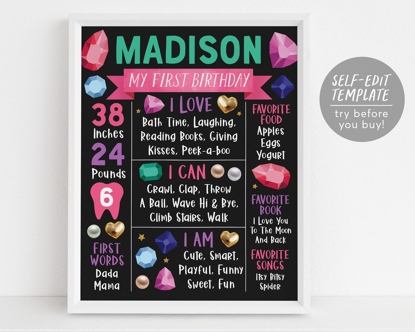 Gems First Year Milestone Sign Editable Template