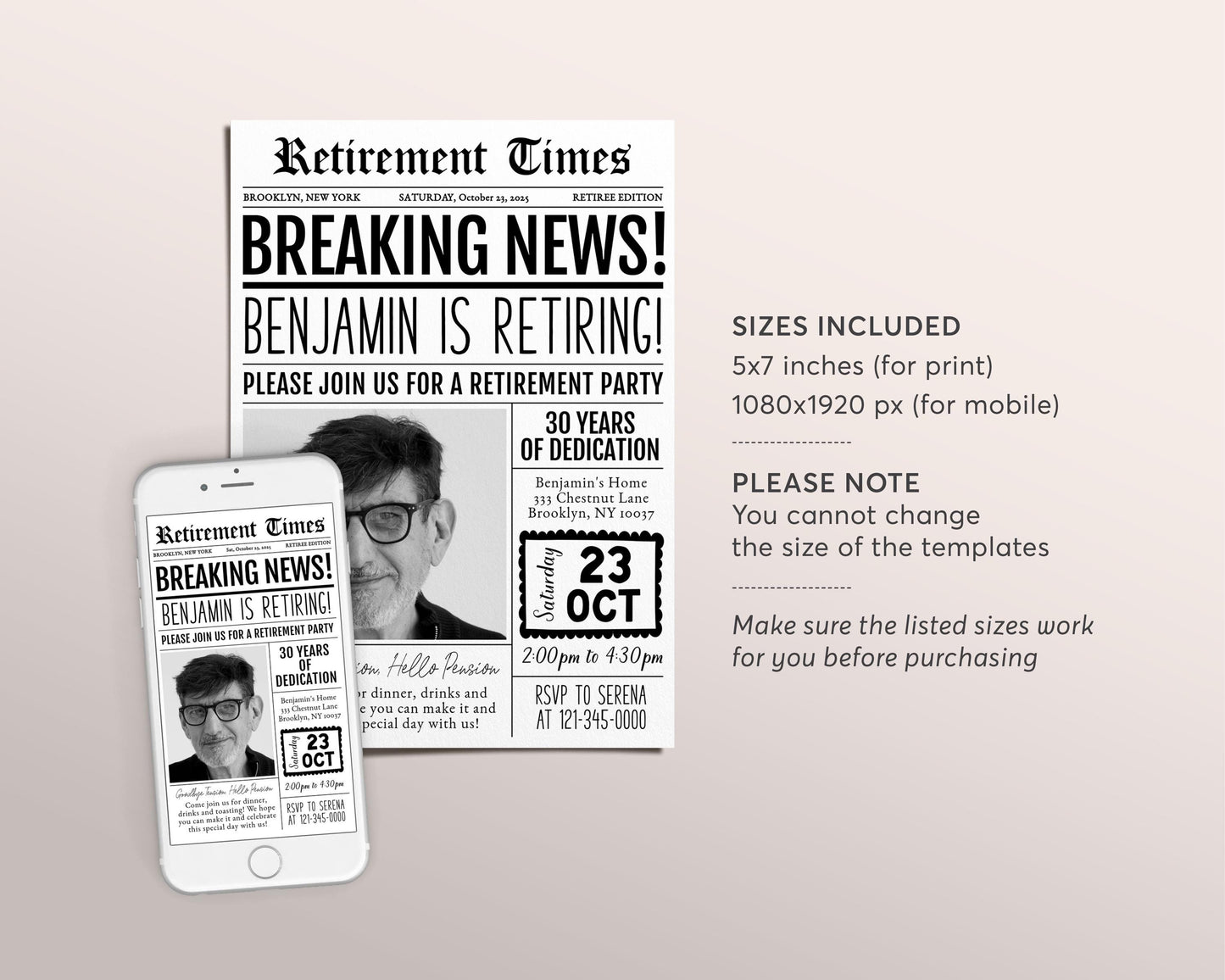 Retirement Newspaper Invitation Editable Template, Retirement Surprise Party Any Job Newspaper Invite, Retire Career Farewell Card Evite