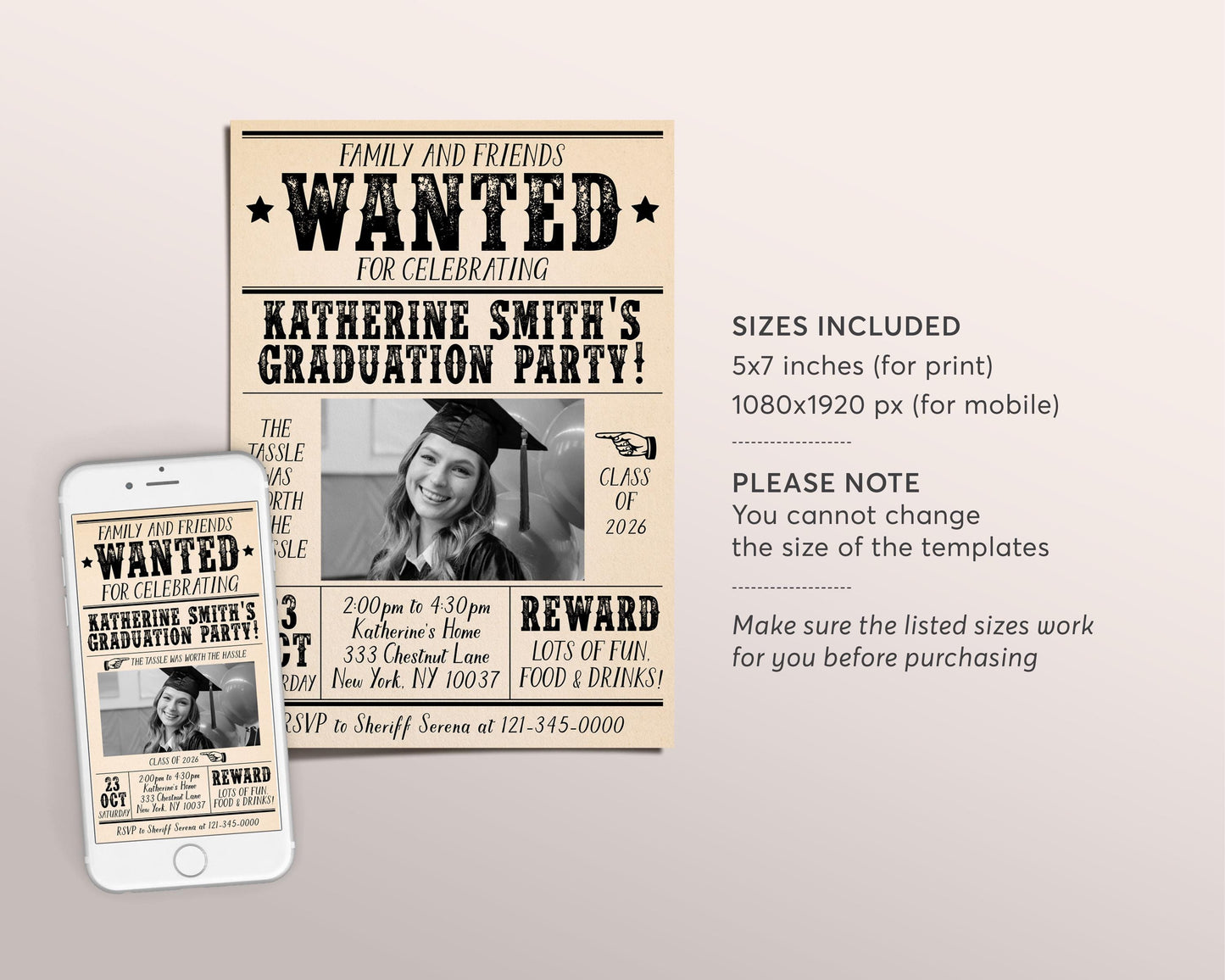 Graduation Wanted Poster Invitation Editable Template, Senior Graduation Announcement Party Newspaper Invite, Grad College High School Evite