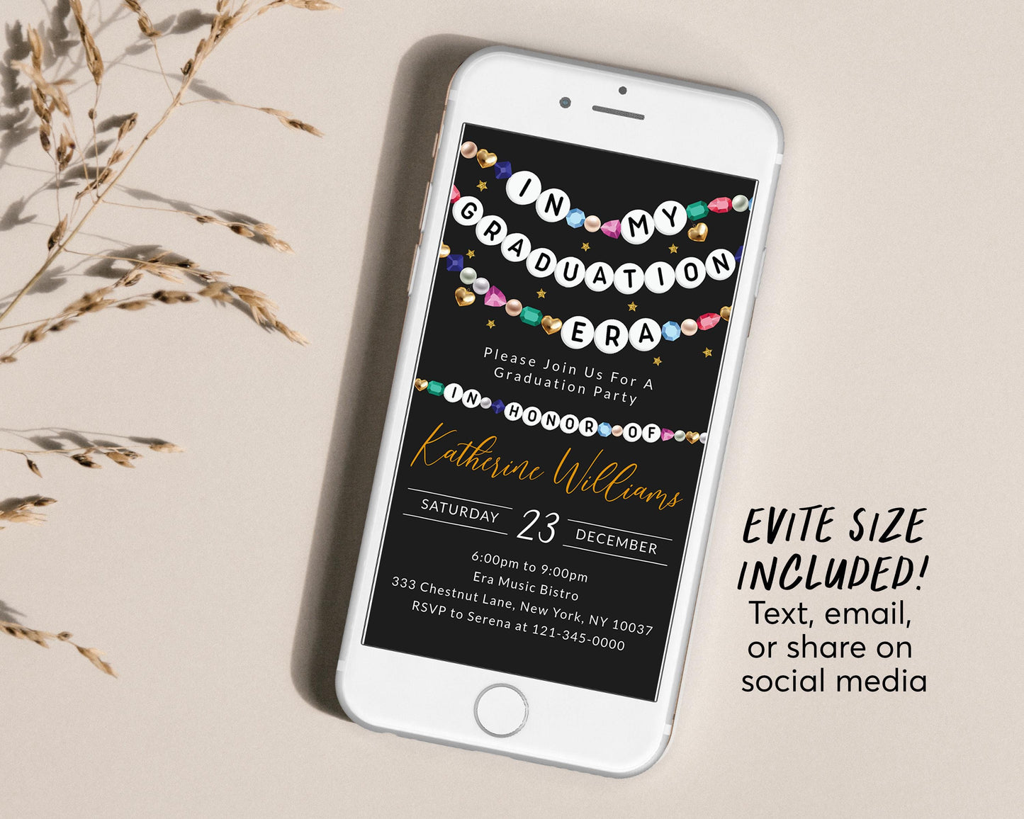 In My Graduation Era Invitation With Photo Editable Template, Graduation Announcement Friendship Bracelet Party Black Gold Invite Evite