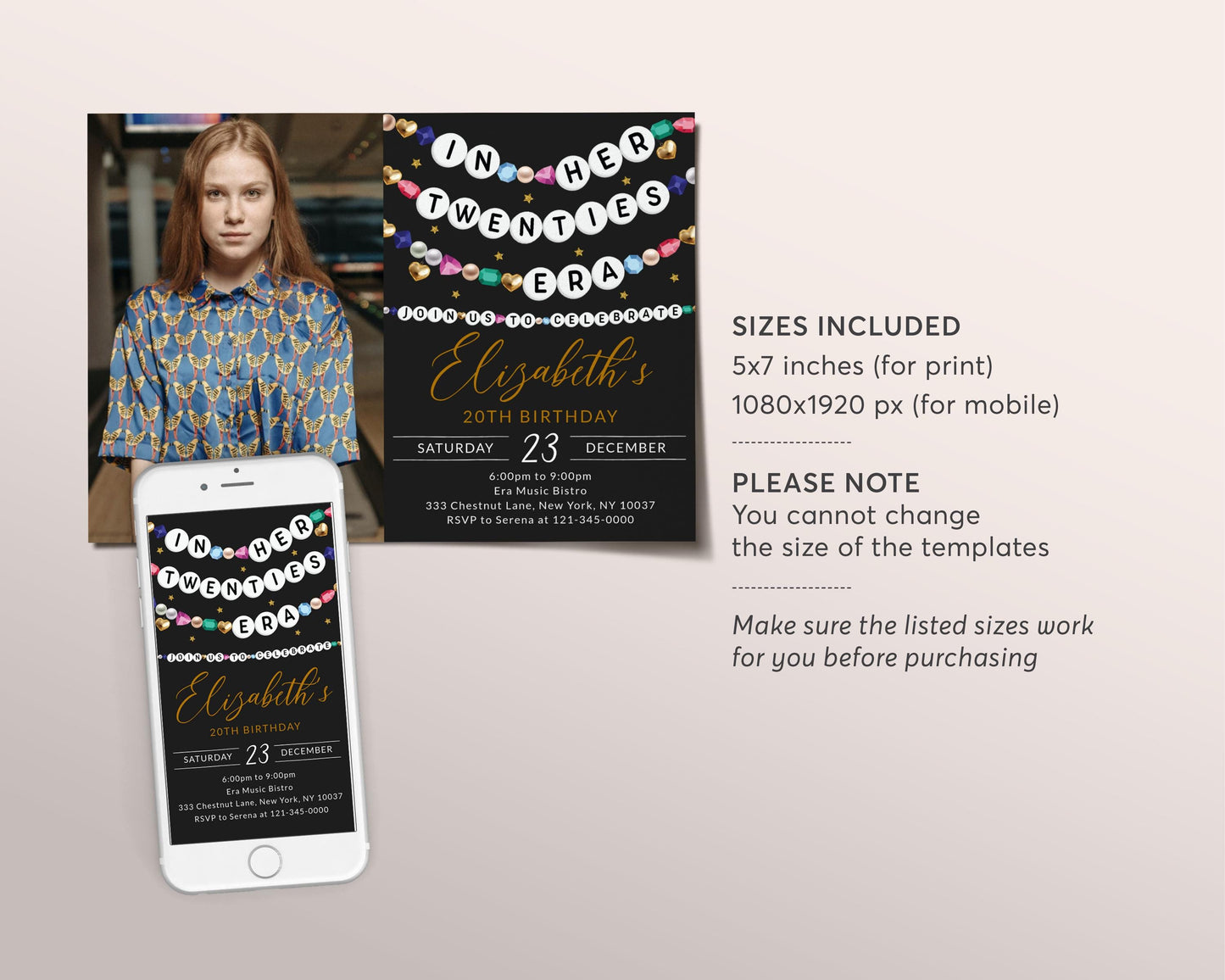In My Twenties Era Invitation With Photo Editable Template, Friendship Bracelet Party Invite, 20th Birthday Girl Eras Music Black Gold Evite