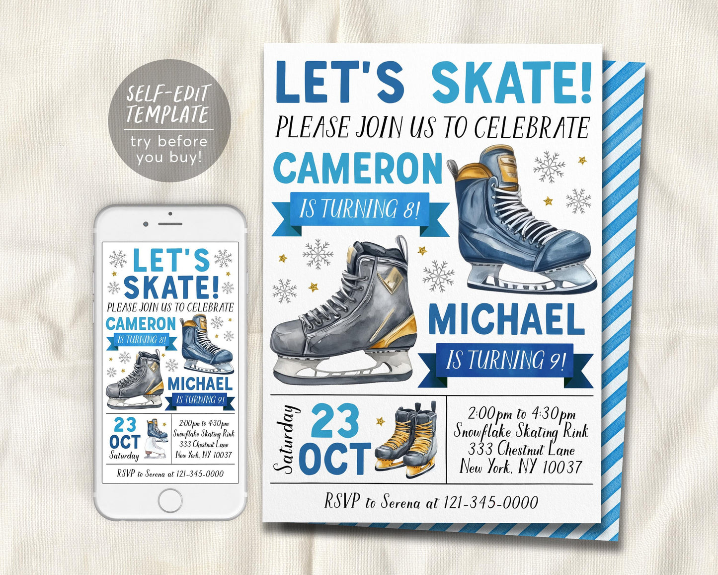 Ice Skating Joint Siblings Birthday Invitation Editable Template