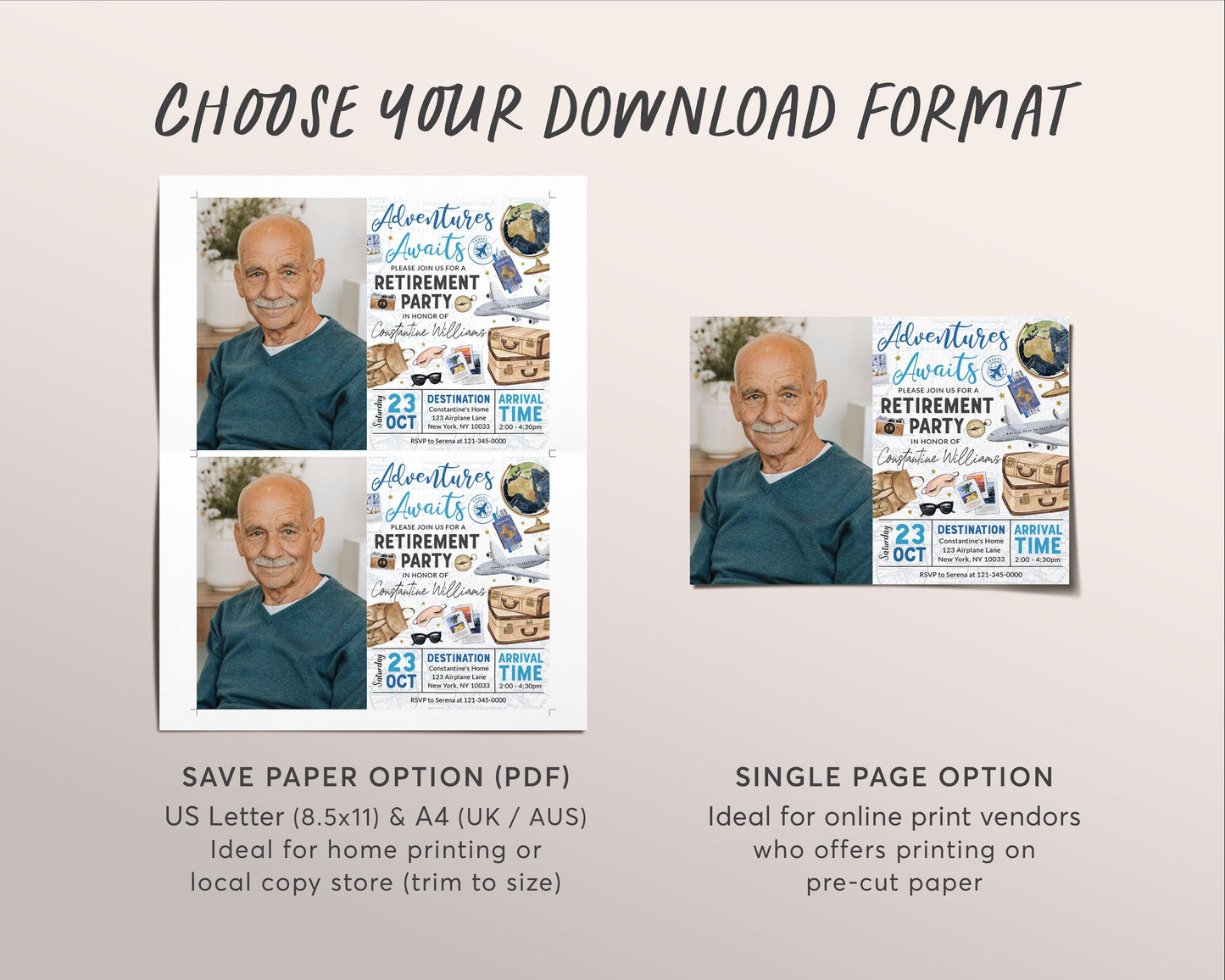 Travel Retirement Invitation With Photo Editable Template, Adventure Awaits Retirement Farewell Party Invite Around The World Airplane Evite