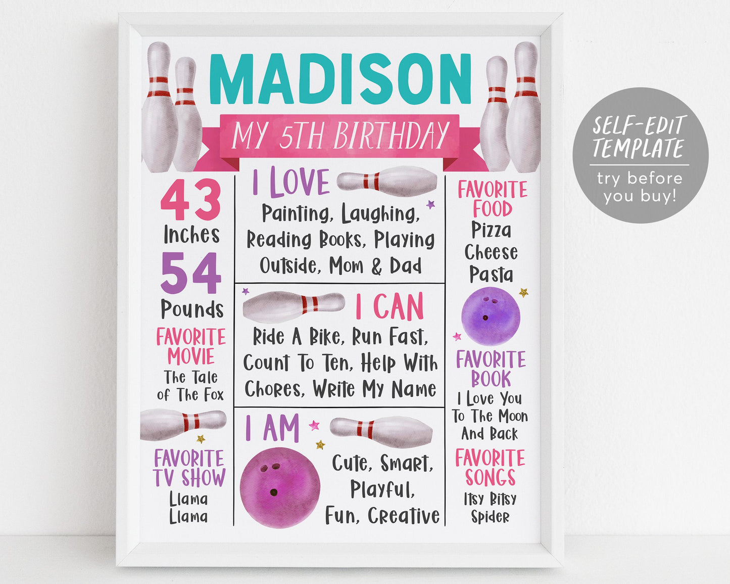 Bowling Birthday Milestone Sign Editable Template