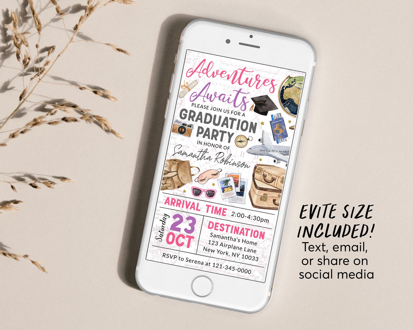 Farewell Graduation Invitation With Photo Editable Template, Travel Grad Announcement Party Invite For Her, Around the World College Map