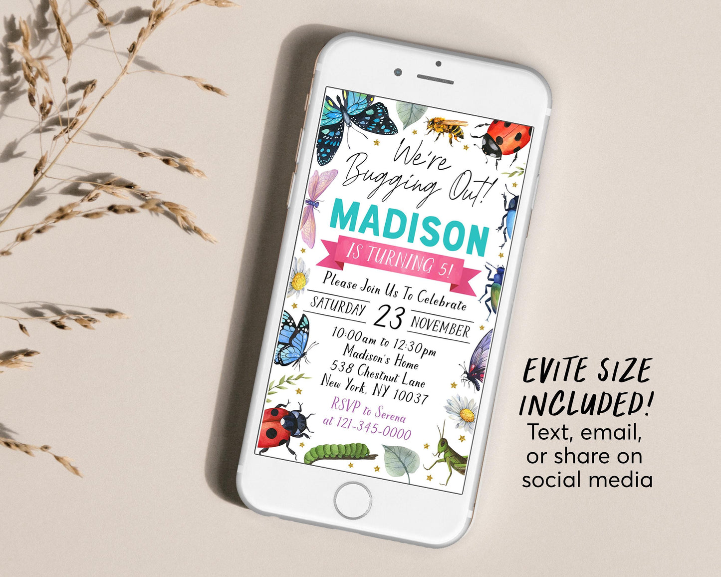 Bugs Insect Birthday Invitation With Photo Editable Template, Girl We're Bugging Out Party Invite, Kids Butterfly Ladybug Hunt Garden Evite