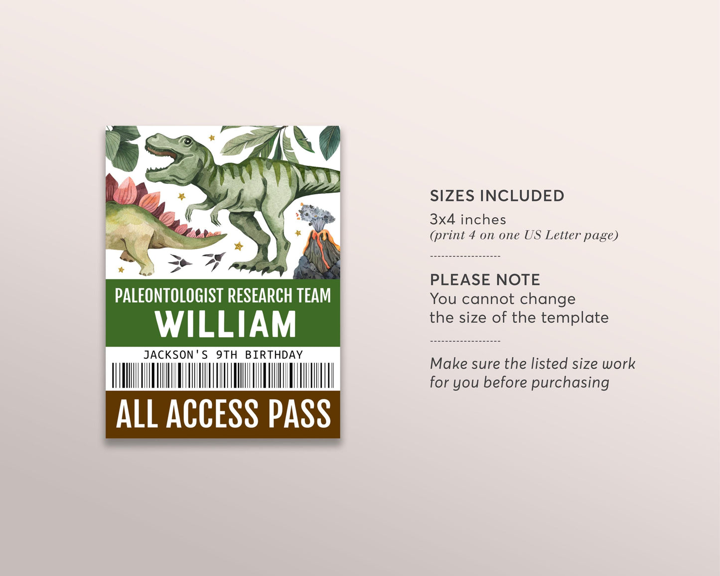 Dinosaur Party ID Badge VIP Pass Editable Template, Paleontologist Scientist All Access Pass, Prehistoric Jurassic T-Rex Party Name Insert