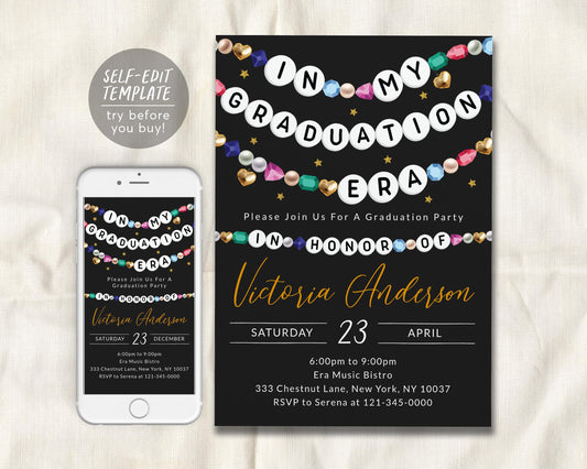 In My Graduation Era Invitation Editable Template, Graduating Class Friendship Bracelet Party Invite, Grad School Party Black Gold Evite