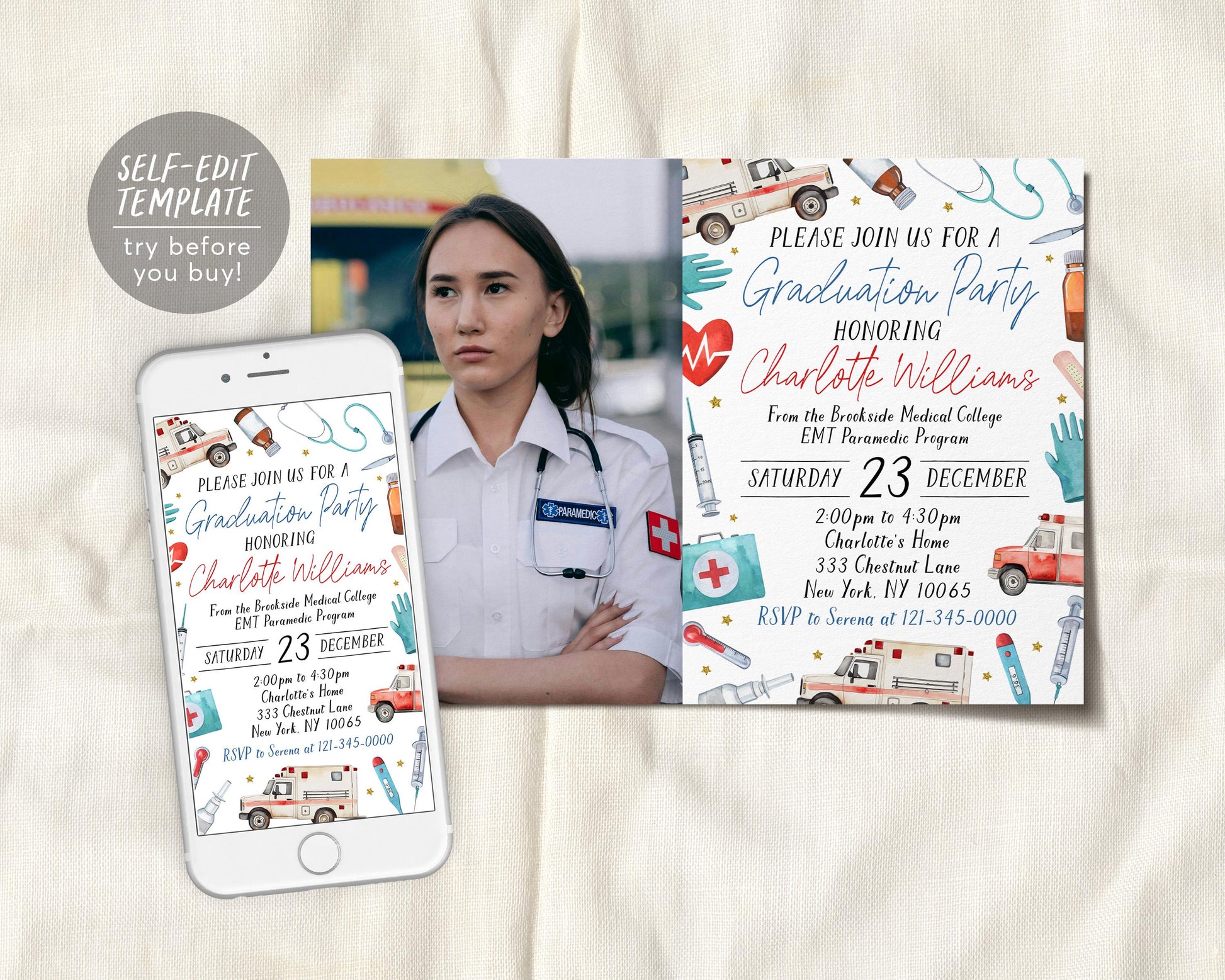 Paramedic EMT Graduation Invitation With Photo Editable Template
